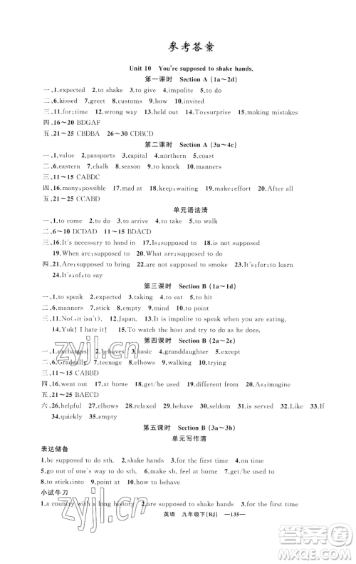 新疆青少年出版社2023四清导航九年级下册英语人教版黄石专版参考答案