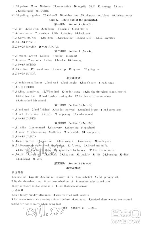 新疆青少年出版社2023四清导航九年级下册英语人教版黄石专版参考答案