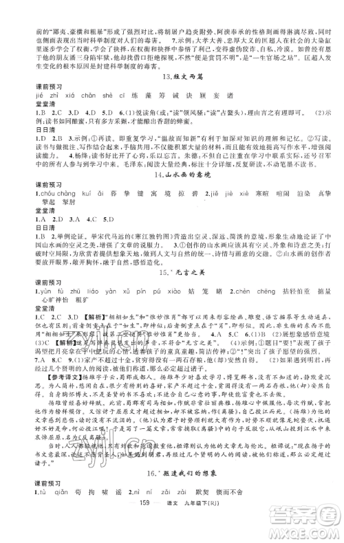 新疆青少年出版社2023四清导航九年级下册语文人教版黄石专版参考答案