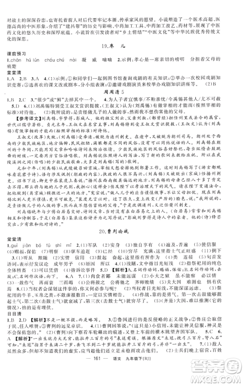 新疆青少年出版社2023四清导航九年级下册语文人教版黄石专版参考答案