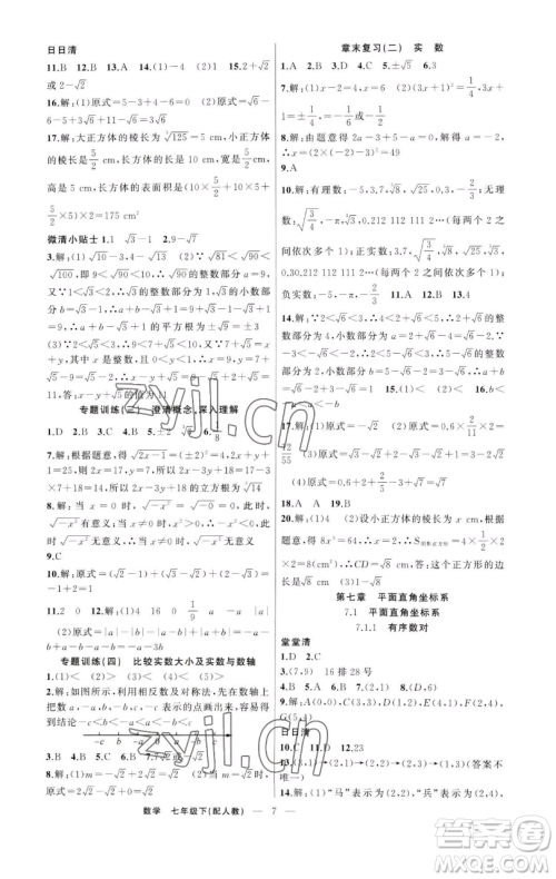 新疆青少年出版社2023四清导航七年级下册数学人教版参考答案 新疆青少年出版社2023四清导航七年级下册数学人教版参考答案