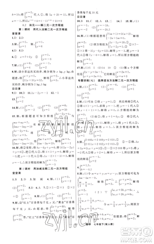 新疆青少年出版社2023四清导航七年级下册数学人教版参考答案