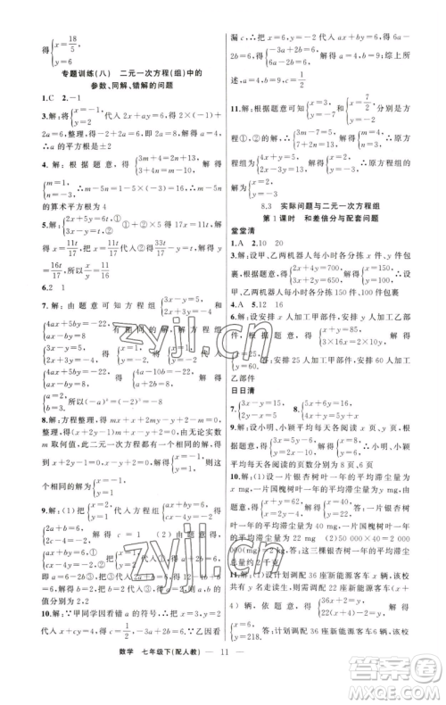 新疆青少年出版社2023四清导航七年级下册数学人教版参考答案