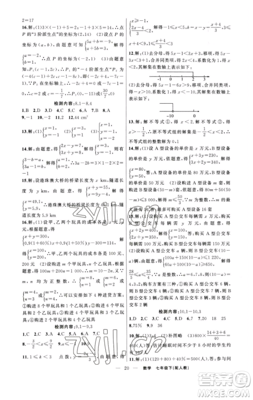 新疆青少年出版社2023四清导航七年级下册数学人教版参考答案