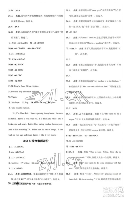 山西教育出版社2023综合应用创新题典中点七年级英语下册人教版安徽专版参考答案