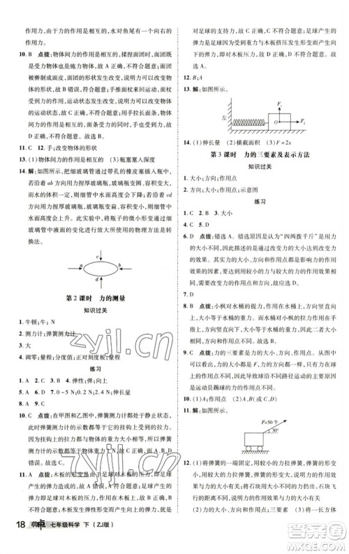 陕西人民教育出版社2023综合应用创新题典中点七年级科学下册浙教版参考答案