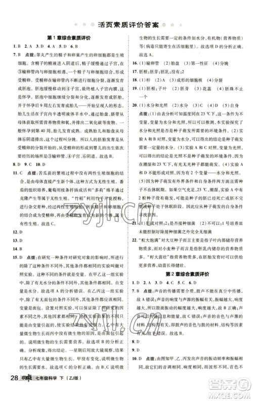陕西人民教育出版社2023综合应用创新题典中点七年级科学下册浙教版参考答案
