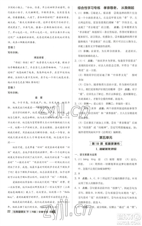 吉林教育出版社2023综合应用创新题典中点七年级语文下册人教版安徽专版参考答案