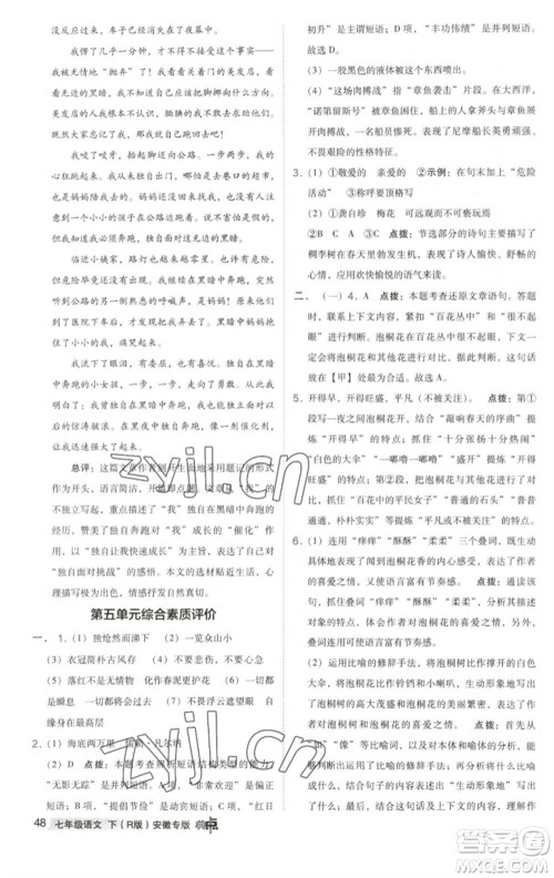 吉林教育出版社2023综合应用创新题典中点七年级语文下册人教版安徽专版参考答案