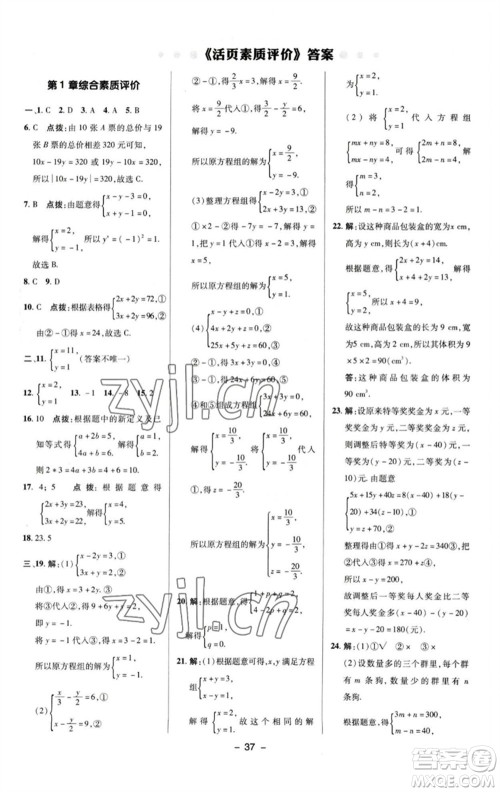 陕西人民教育出版社2023综合应用创新题典中点七年级数学下册湘教版参考答案