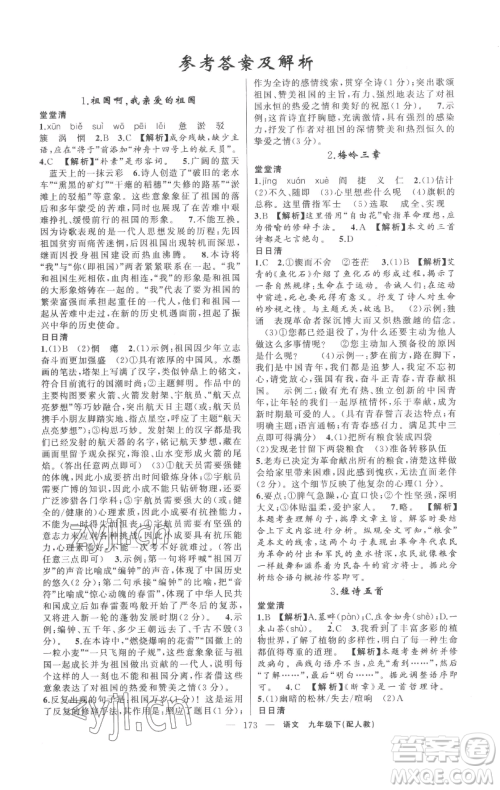 新疆青少年出版社2023四清导航九年级下册语文人教版参考答案