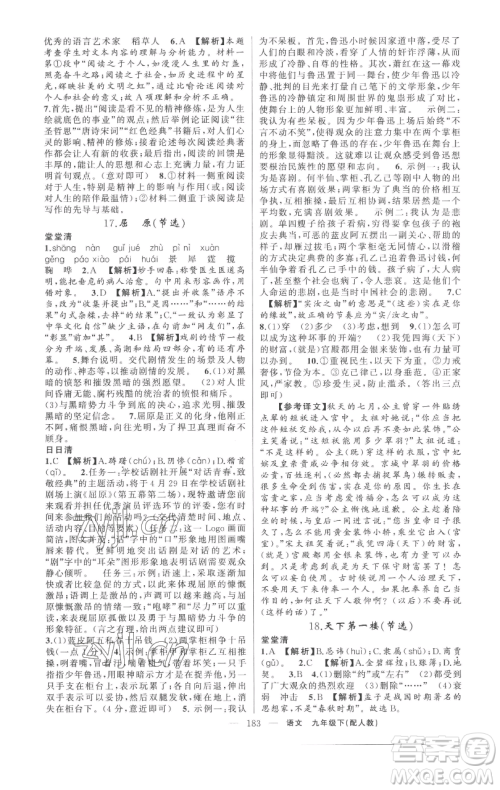 新疆青少年出版社2023四清导航九年级下册语文人教版参考答案