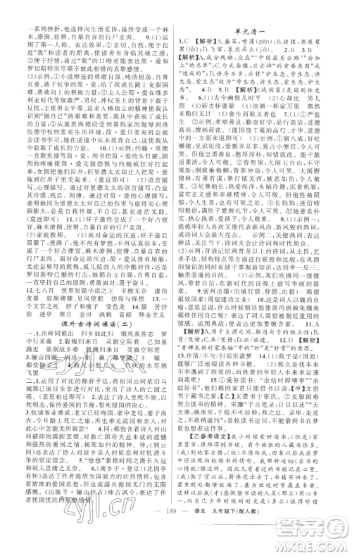 新疆青少年出版社2023四清导航九年级下册语文人教版参考答案