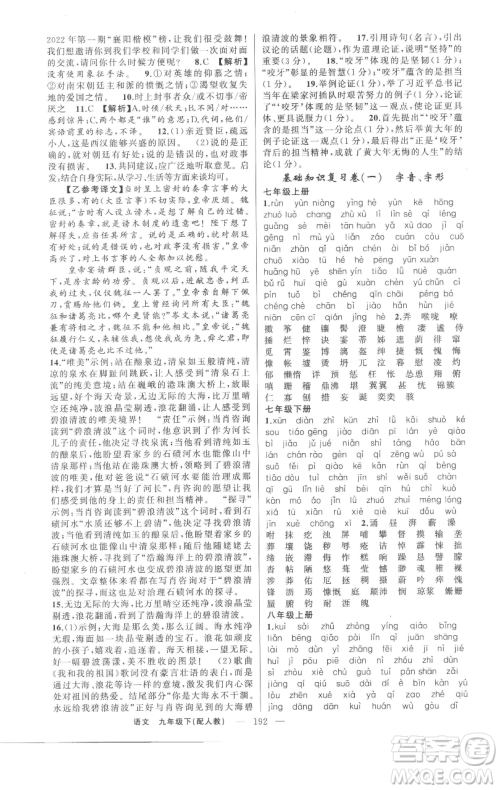 新疆青少年出版社2023四清导航九年级下册语文人教版参考答案