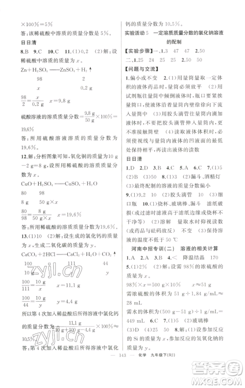 新疆青少年出版社2023四清导航九年级下册化学人教版河南专版参考答案