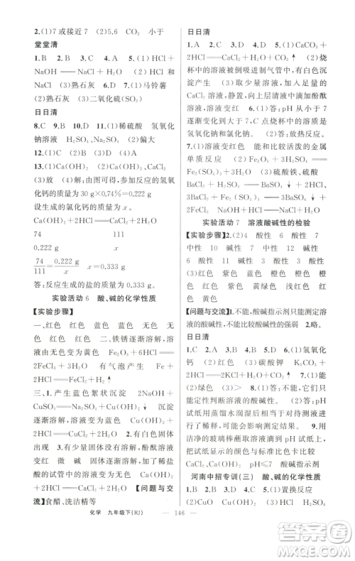 新疆青少年出版社2023四清导航九年级下册化学人教版河南专版参考答案