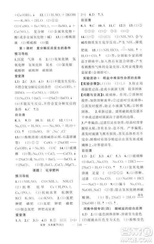 新疆青少年出版社2023四清导航九年级下册化学人教版河南专版参考答案