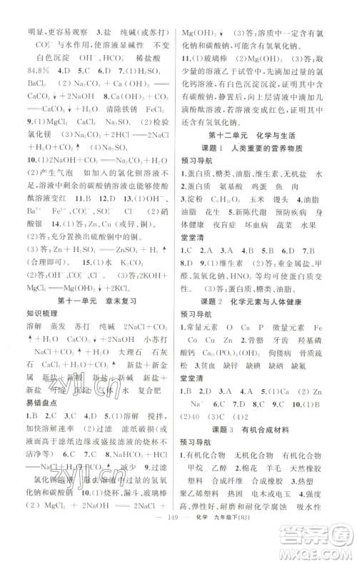 新疆青少年出版社2023四清导航九年级下册化学人教版河南专版参考答案