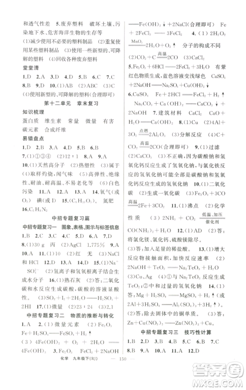 新疆青少年出版社2023四清导航九年级下册化学人教版河南专版参考答案