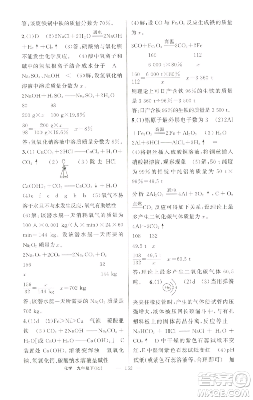 新疆青少年出版社2023四清导航九年级下册化学人教版河南专版参考答案