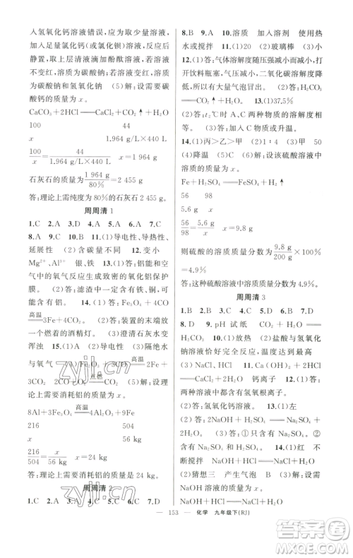 新疆青少年出版社2023四清导航九年级下册化学人教版河南专版参考答案