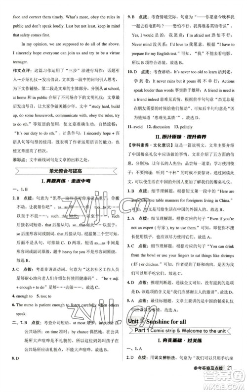陕西人民教育出版社2023综合应用创新题典中点八年级英语下册译林版参考答案