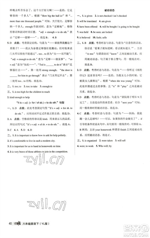 陕西人民教育出版社2023综合应用创新题典中点八年级英语下册译林版参考答案