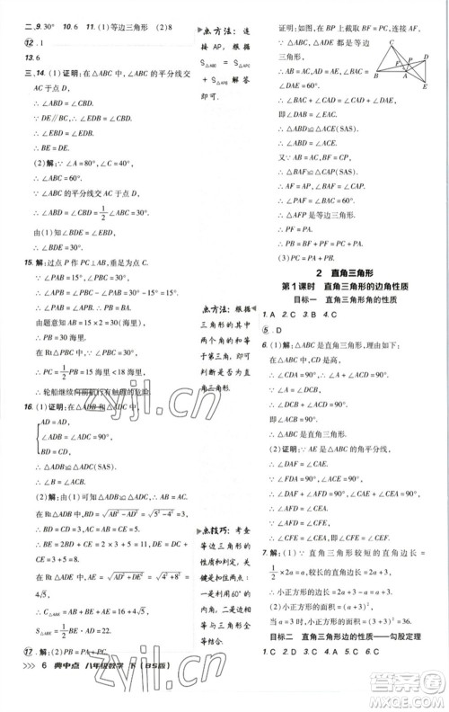 陕西人民教育出版社2023综合应用创新题典中点八年级数学下册北师大版参考答案