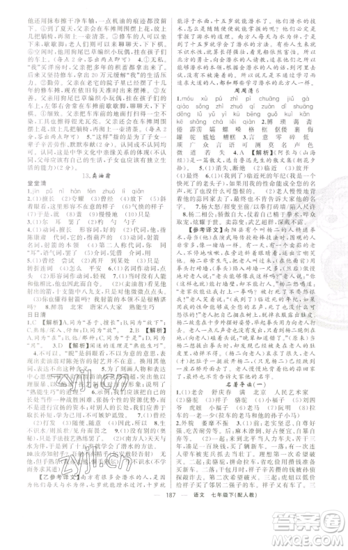 新疆青少年出版社2023四清导航七年级下册语文人教版参考答案