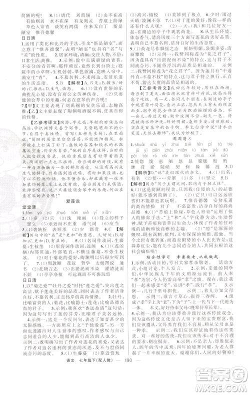 新疆青少年出版社2023四清导航七年级下册语文人教版参考答案