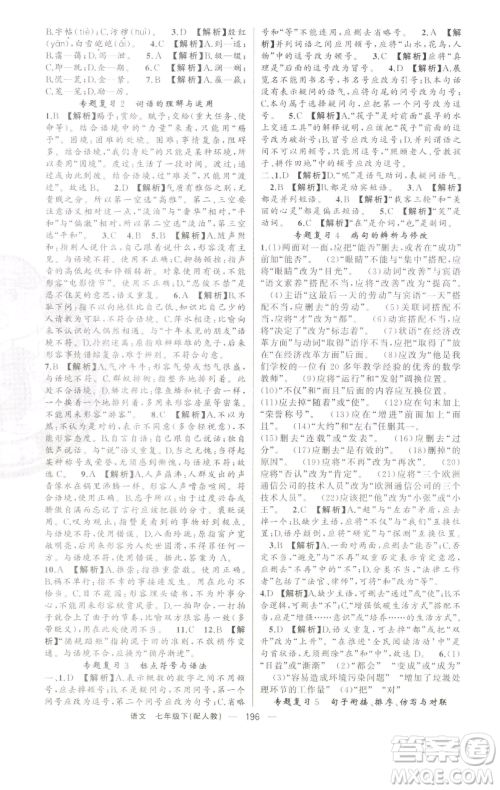 新疆青少年出版社2023四清导航七年级下册语文人教版参考答案