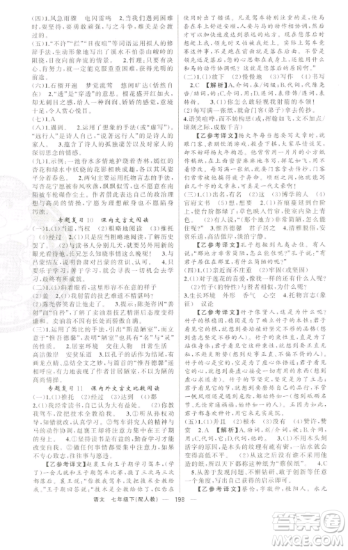 新疆青少年出版社2023四清导航七年级下册语文人教版参考答案