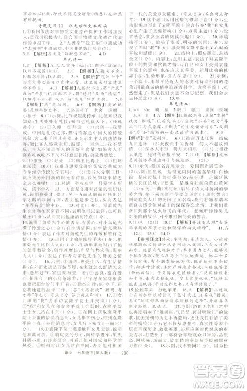 新疆青少年出版社2023四清导航七年级下册语文人教版参考答案