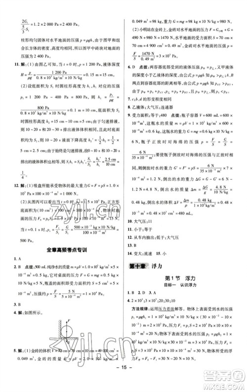 陕西人民教育出版社2023综合应用创新题典中点八年级物理下册人教版参考答案