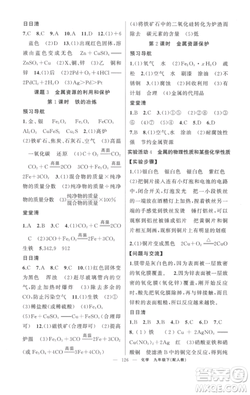 新疆青少年出版社2023四清导航九年级下册化学人教版参考答案