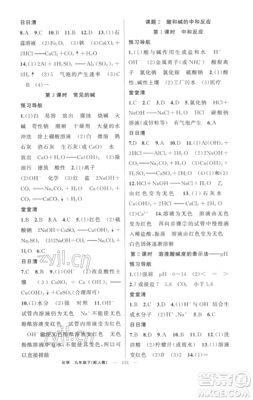 新疆青少年出版社2023四清导航九年级下册化学人教版参考答案