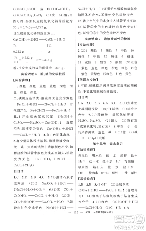 新疆青少年出版社2023四清导航九年级下册化学人教版参考答案
