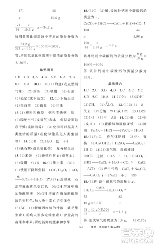 新疆青少年出版社2023四清导航九年级下册化学人教版参考答案