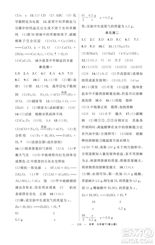 新疆青少年出版社2023四清导航九年级下册化学人教版参考答案