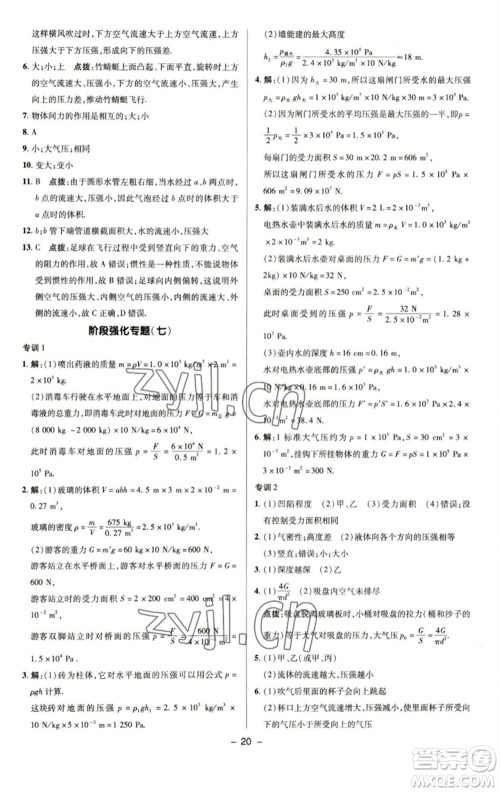 陕西人民教育出版社2023综合应用创新题典中点八年级物理下册苏科版参考答案