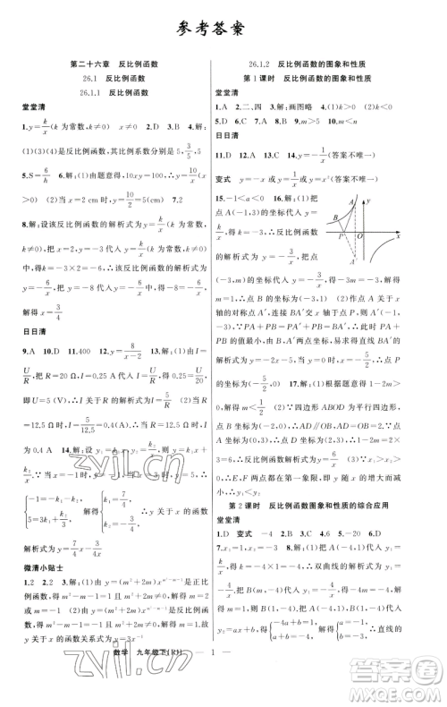 新疆青少年出版社2023四清导航九年级下册数学人教版河南专版参考答案