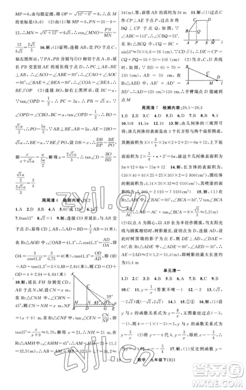 新疆青少年出版社2023四清导航九年级下册数学人教版河南专版参考答案