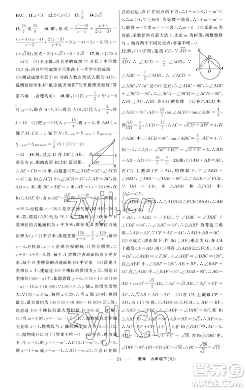 新疆青少年出版社2023四清导航九年级下册数学人教版河南专版参考答案