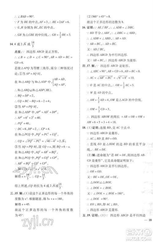 陕西人民教育出版社2023综合应用创新题典中点八年级数学下册沪科版参考答案