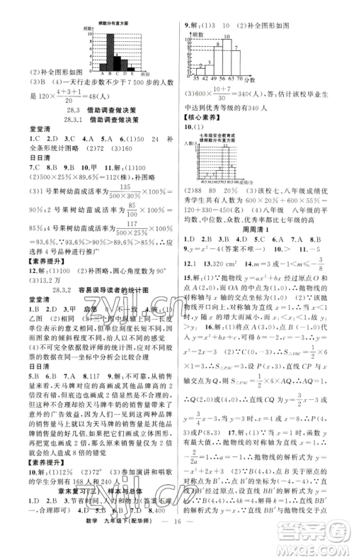 新疆青少年出版社2023四清导航九年级下册数学华师大版参考答案