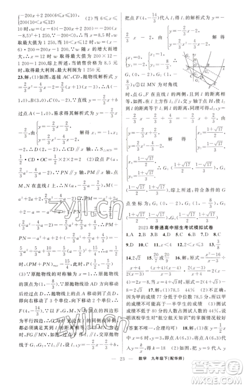 新疆青少年出版社2023四清导航九年级下册数学华师大版参考答案