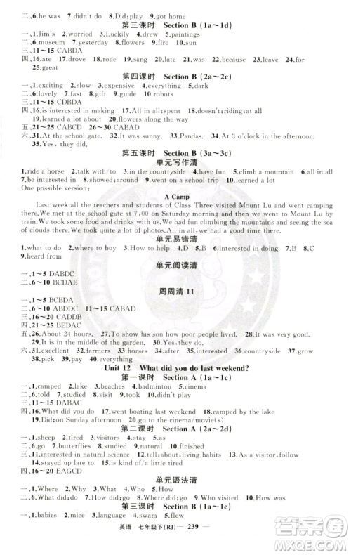 新疆青少年出版社2023四清导航七年级下册英语人教版黄石专版参考答案 新疆青少年出版社2023四清导航七年级下册英语人教版黄石专版参考答案