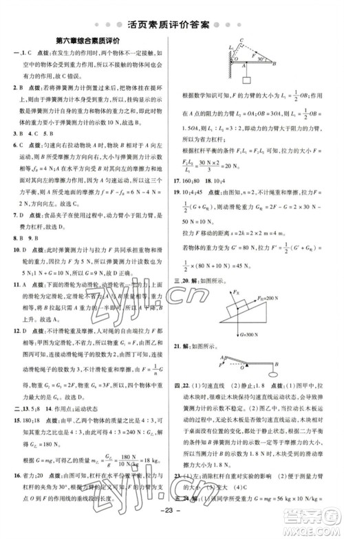 陕西人民教育出版社2023综合应用创新题典中点八年级物理下册沪粤版参考答案