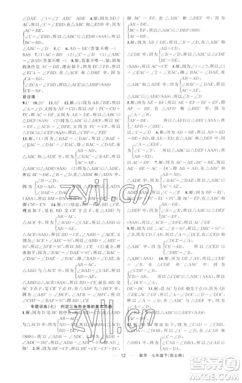 新疆青少年出版社2023四清导航七年级下册数学北师大版参考答案 新疆青少年出版社2023四清导航七年级下册数学北师大版参考答案