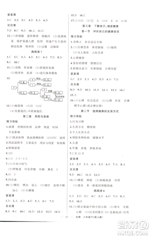 新疆青少年出版社2023四清导航八年级下册生物人教版参考答案